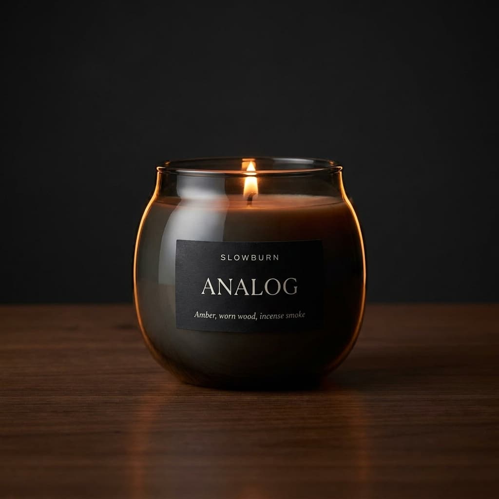 Analog candle — Amber, worn wood, incense smoke