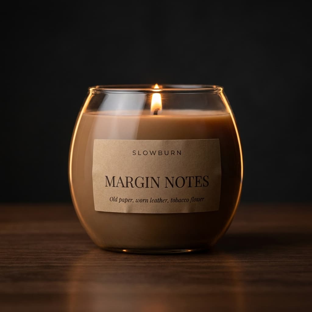 Margin Notes candle — Old paper, worn leather, tobacco flower