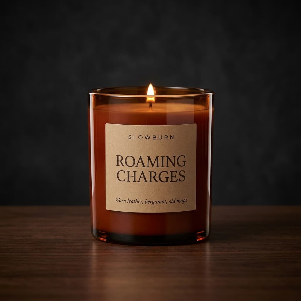 Roaming Charges candle — Worn leather, bergamot, old maps