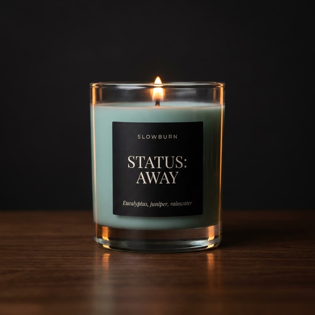 Status: Away candle — Eucalyptus, juniper, rainwater