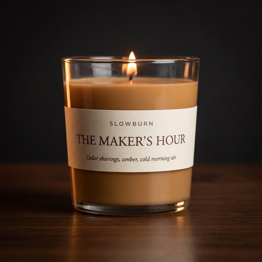 The Maker's Hour candle — Cedar shavings, amber, cold morning air