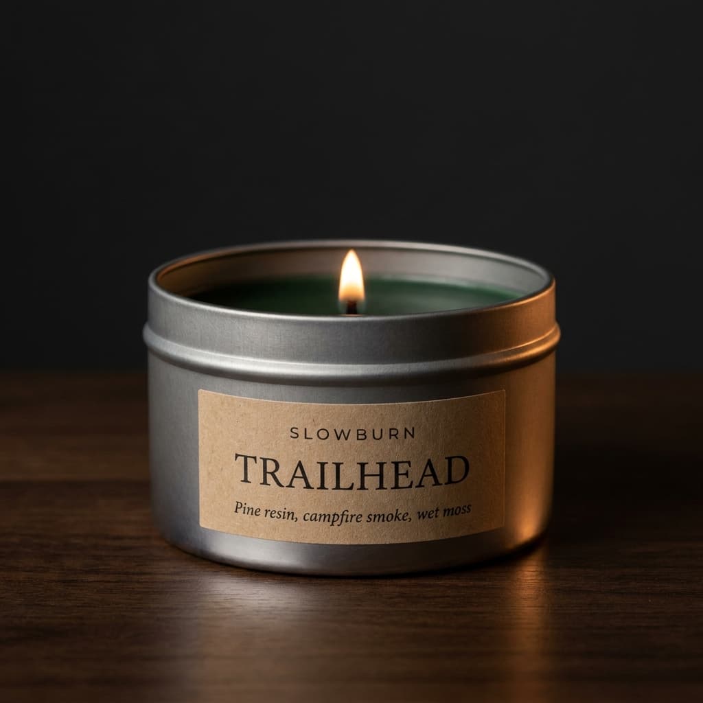 Trailhead candle — Pine resin, campfire smoke, wet moss