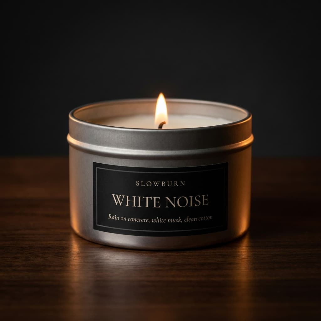 White Noise candle — Rain on concrete, white musk, clean cotton