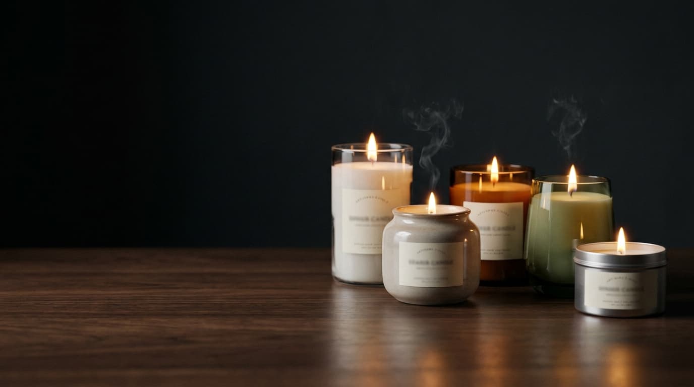 A lineup of lit Slowburn candles glowing on a dark surface